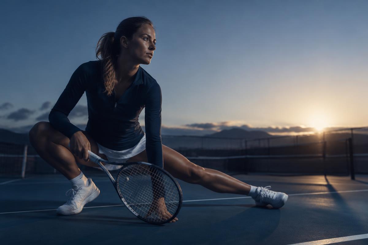 Tennis player stretching and warming up on court